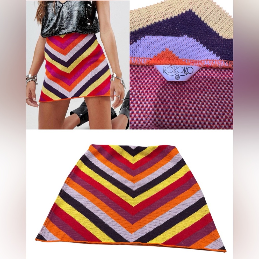 Rokoko Retro Knit Chevron Mini Skirt – Bold & Colorful,‎ Size XL